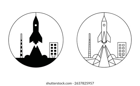 Outline Vector Rocket Launch Illustration. Space Exploration and Technology Concept Art.