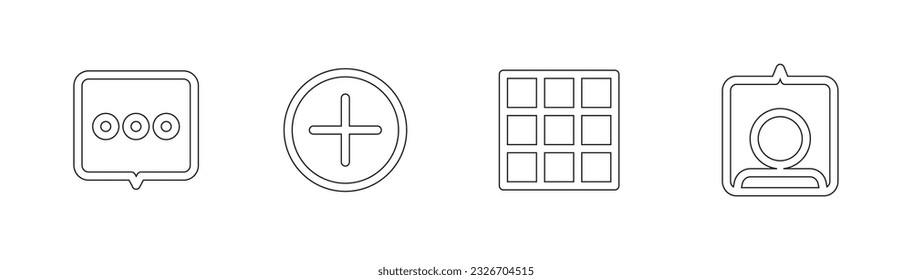 Outline vector of saved reply messages, add pictures, home page profile, tag icon set, vector, social media button icon, sign, symbol and grapic design.