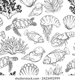 Outline vector sea creatures seamless design. Wild life pattern with sea inhabitants