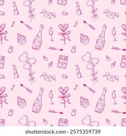 Outline vector seamless background with hand drawn date elements. Seamless simple pattern for Valentines Day design.