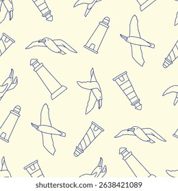 Outline Vector Seamless Pattern of Albatross  Animal Lighthouse Background for Fashion Wrapping Print Fabric