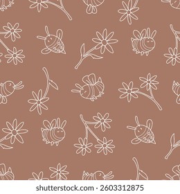 Outline Vector Seamless Pattern of Bee Daisy Flower Background for Fashion Wrapping Print Fabric