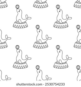 outline vector seamless pattern with circus fur seals characters juggling balls in cartoon flat style