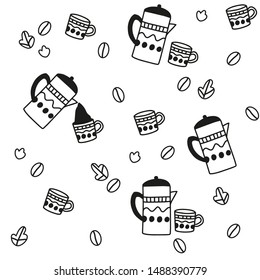 Outline vector seamless pattern with cup, pot, coffee beans, leaves. Background with coffee elements. Repeated texture for cafe, menu, fall season, wrapping paper. 