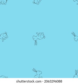 An outline vector seamless pattern of hares isolated on blue background. Designed for prints, wraps, templates, wallpapers, backgrounds
