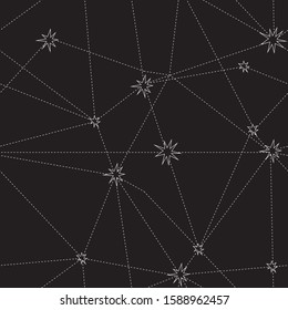 An outline vector seamless pattern on the theme of occultism and fortune telling. A mystical White stars in the sky are connected by a dotted line on a black background at night.