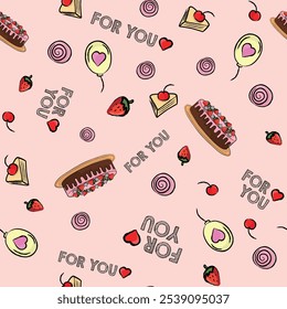 Outline vector seamless pattern on pastel background of sweets with holiday cake, candies, yummy, pastry, strawberry, cherry