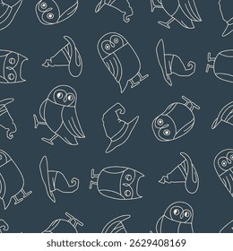 Outline Vector Seamless Pattern of Owl Wizard Hat Background for Fashion Wrapping Print Fabric