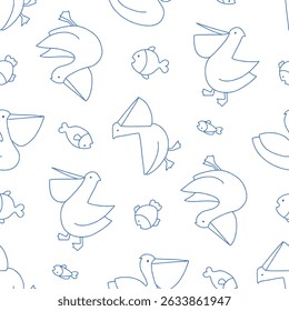 Outline Vector Seamless Pattern of Pelican Animal Fish Background for Fashion Wrapping Print Fabric
