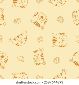 Outline Vector Seamless Pattern of Tiger Animal Paw Background for Fashion Wrapping Print Fabric
