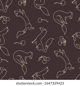 Vetor de contorno Padrão sem emenda de Weasel Animal Cherry Fundo para tecido de impressão de embrulho de moda