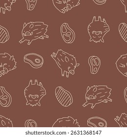 Outline Vector Seamless Pattern of Wild Boar Meat Background for Fashion Wrapping Print Fabric