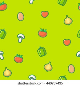 Outline vector seamless summer pattern with eggs, onions, mushrooms, tomato, bell pepper and hearts. Cute, funny and simple background.