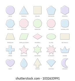 Outline vector set basic geometric shapes. Kids thin figures school collection. Triangle, square, pentagon, octagon, superellipse, trapezium, rhombus, ellipse, heart, octagram, diamond, star, polygon.