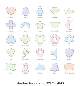 Outline vector set basic geometric shapes. Kids thin 2d figures school collection. Heart, drop, diamond, crown,  crescent, flower, pinion, kite, lightning, location, speaker, shield, flag, rocket.