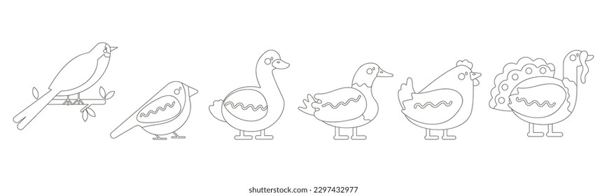 Umriss-Vektorset mit Vogelschlauch, Sperling, Gans, Ente, Truthahn, Huhn