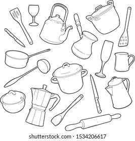 outline vector set with cooking utensils. pots, Turkish, knives, coffee maker, glasses, teapot, shovels, soup ladle, stewpan linear on a white background
