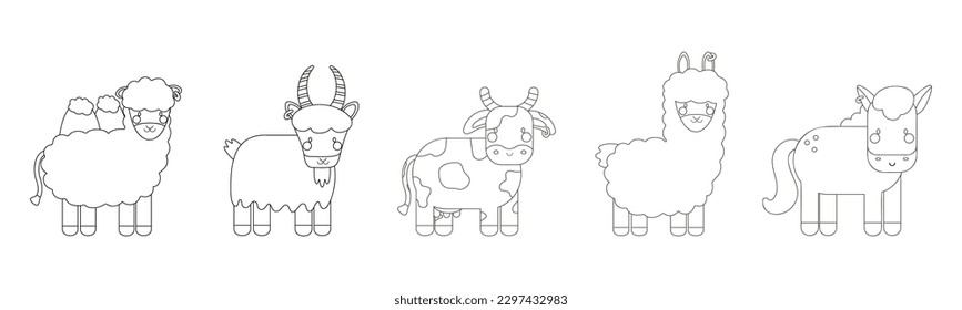 outline vector set with donkey, ram, sheep, pig, camel 