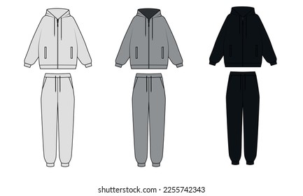 Outline vector set of drawings of fashionable tracksuits in white, gray and black colors. Hoodie with zipper and pockets, vector. Vector sketch of sports pants, joggers with pockets. svg