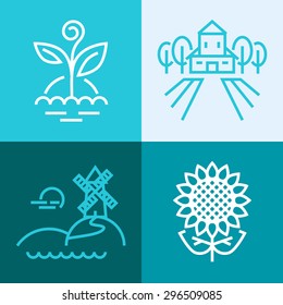 Outline vector set of farm elements and ecology. Plant, farm, windmill and sunflower logos. Farm logo. Eco food logo. Plant logo. Windmill line logo. Farm line logo. Organic logo. Sunflower icon