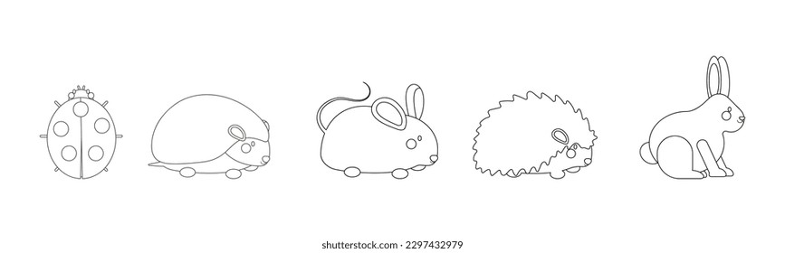 outline vector set with ladybug, insect, rodents, hare, hedgehog, mouse, rat 