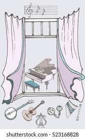 outline vector set of musical instruments piano, harp, lyre, guitar, banjo,  maracas, fife, flute against the window,  pastel color   