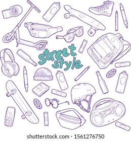 outline vector set on a white background. accessories and objects of a modern young man. street aesthetics, culture. skateboarding, graffiti, music and fashion objects.