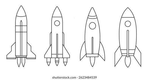 Outline Vector Set of Rocket Icons – Simple Line Art Spacecraft Designs for Science and Tech Projects
