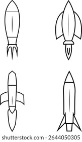 Outline Vector Set of Rocket Icons, Four Simple Line Art Rocket Illustrations