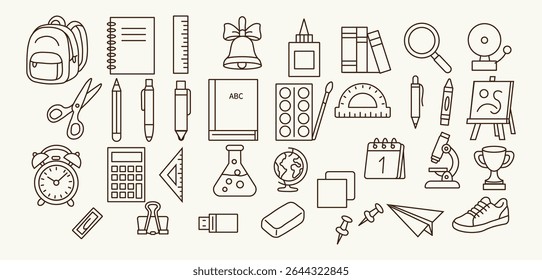 Outline vector set of school supplies: backpacks, notebooks, tools, science and creativity. Ideal for school posters, blogs, presentations and printed products.