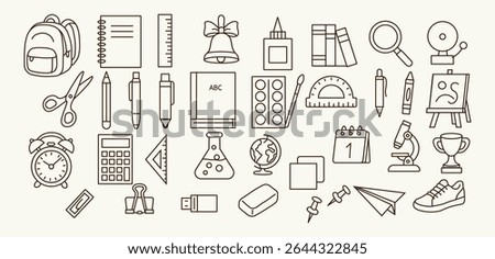 Outline vector set of school supplies: backpacks, notebooks, tools, science and creativity. Ideal for school posters, blogs, presentations and printed products.
