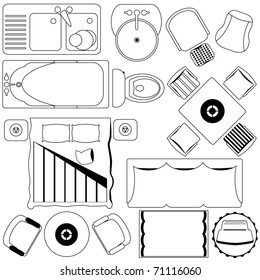 Outline Vector Of Simple Furniture Plan, Floor Plan As Design Elements. A Set Of Cute And Colorful Icon Collection Isolated On White Background