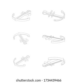 Outline vector sketch collection of 3d anchor in different positions