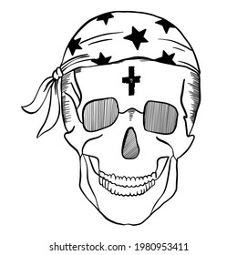 outline of a vector skull with a bandana and a cross isolated on white. Hand drawn illustration for print tshirt, poster,banner