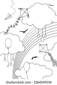 Outline vector sky illustration. Contours of clouds, kites, paper planes, balloons and bird silhouettes in the sky. Great for colouring books.