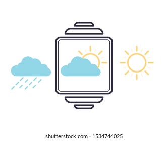Outline vector smartwatch with sets weather app icons. Meteorological symbol of rain, cloudy and sun with rays.