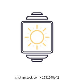 Outline vector smartwatch with warm and heat weather app icon. Meteorological symbol of sun with rays. Friendship call device screen concept line illustration.