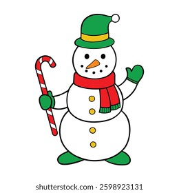 outline vector of a snowman holding a candy cane