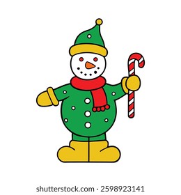 outline vector of a snowman holding a candy cane