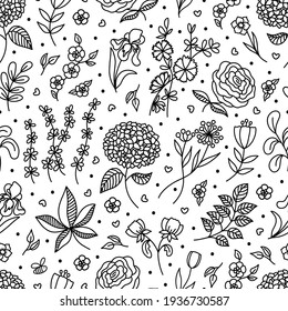 Outline vector Spring Flowers and Leaves doodle seamless pattern. Hand drawn Garden Plants. Blossom season Floral background for design textile, scrapbooking, package, wrapping paper, card, invitation