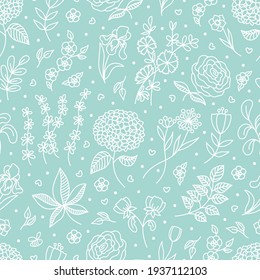 Esquema vectorial Primavera Flores y Salta el doodle sin fisuras. Planta de jardín dibujada a mano. Temporada de flores Fondo floral de diseño textil, scrapbooking, paquete, papel de embalaje, tarjeta, invitación