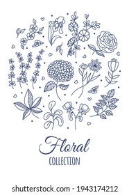 Outline vector Spring Flowers and Leaves doodle set. Hand drawn Garden Plants. Space for text. Navy Blue Line art Floral elements on white background for design greeting card, poster, invitation