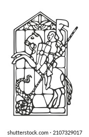 Outline vector stained glass window with Saint George and the dragon