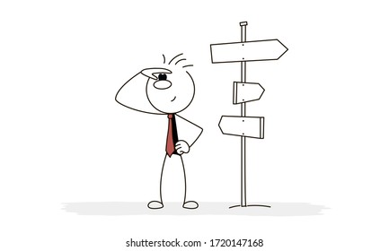 Esbozo del carácter de dibujo animado tipo vectorial delante de una elección.