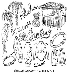 Outline vector summer surfing tropical set with palms, parrot, tropic bar, pineapple, surfboards, swimsuit, shorts and flower