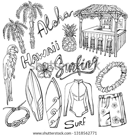 Outline vector summer surfing tropical set with palms, parrot, tropic bar, pineapple, surfboards, swimsuit, shorts and flower