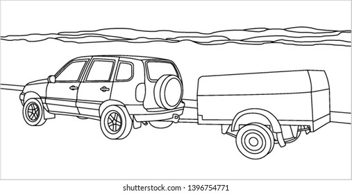 Outline Vector SUV With a Trailer on the Background of Mountains or Hills, Rear view, Three-quarter view. Modern flat vector illustration.