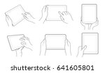 Outline vector tablet with sensory touchscreen using by hand with fingers.