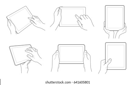 Outline vector tablet with sensory touchscreen using by hand with fingers.