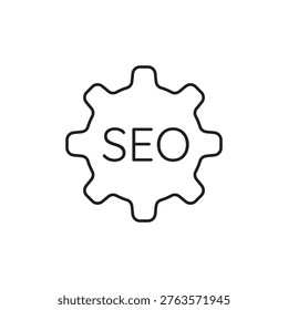 Outline vector technical gear icon with SEO text inside, illustrating the core search engine mechanism and backend integration.